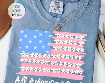 Comfort Colors® All American Girl Shirt, 4th of July American Girl Gift, Independence Day Shirt, Patriotic Girl Shirt, Floral USA Flags Tee