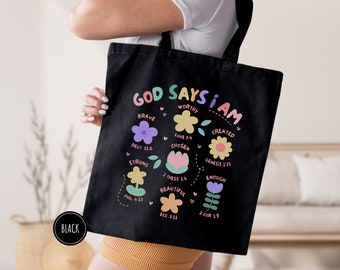 God Says I Am Flowers Tote Bag, Christian Tote Bag, Floral Tote, Bible Verse, Woman Shoulder Bag, Church Tote Bag, Religious Gift, Cute Bag