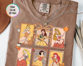 Comfort Colors® Disney Princess Fall Coquette Bow Stamps T-Shirt, Disney Girls Trip For Fall Shirt, Coquette Autumn Women Gift, Fall Vibes