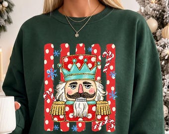 Striped Nutcracker Christmas Sweatshirt, Festive Holiday Hoodie, Women Christmas Sweater, Christmas Polka Dots Hoodie, Xmas Party Sweatshirt