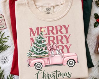 Comfort Colors® Pink Merry Christmas Truck Shirt, Coquette Christmas Tree Shirt, Farmhouse Christmas Shirt, Girly Xmas Shirt, Holiday Gift