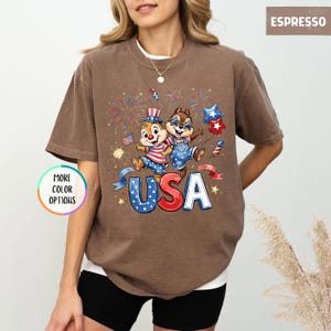 May include: Espresso-colored t-shirt featuring a graphic of two cartoon chipmunks celebrating with fireworks and the word "USA" in red, white, and blue. The shirt has short sleeves and a crew neck. The design is centered on the front of the shirt.
