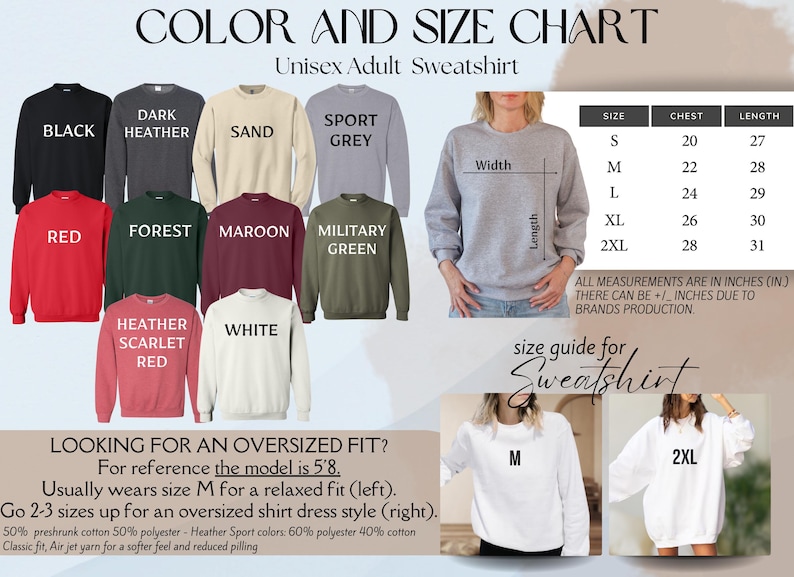 a women's sweatshirt with the text, color and size chart