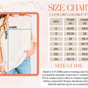 Puede incluir: Camiseta color crema con una tabla de tallas y una gu&iacute;a de tallas. La tabla enumera las tallas de camiseta de la S a la 4XL con medidas de ancho y largo en pulgadas. La modelo lleva una XL para un ajuste oversize.