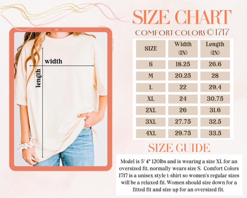 Puede incluir: Camiseta color crema con una tabla de tallas y una gu&iacute;a de tallas. La tabla enumera las tallas de camiseta de la S a la 4XL con medidas de ancho y largo en pulgadas. La modelo lleva una XL para un ajuste oversize.
