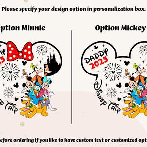 May include: Two images of Mickey Mouse and Minnie Mouse ears with the text "Mommy 2025" and "Daddy 2025" inside the ears. The ears are black and white with a red bow on Minnie's ears. The images also include a silhouette of Cinderella's castle and fireworks. The text "Disney Trip" is written below the ears.