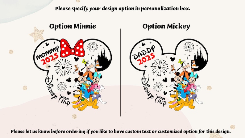 May include: Two images of Mickey Mouse and Minnie Mouse ears with the text "Mommy 2025" and "Daddy 2025" inside the ears. The ears are black and white with a red bow on Minnie's ears. The images also include a silhouette of Cinderella's castle and fireworks. The text "Disney Trip" is written below the ears.