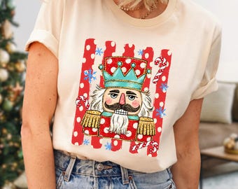 Preppy Nutcracker Christmas Polka Dots Shirt, Striped Xmas Shirt, Women Holiday Party Gift, Festive Holiday Shirt, Nutcracker Lover Gift