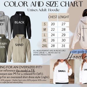 May include: Unisex adult hoodie size chart with color options: Sport Grey, Black, Military Green, Sand. Chest and length measurements in inches. Size guide for hoodies with small and large examples.