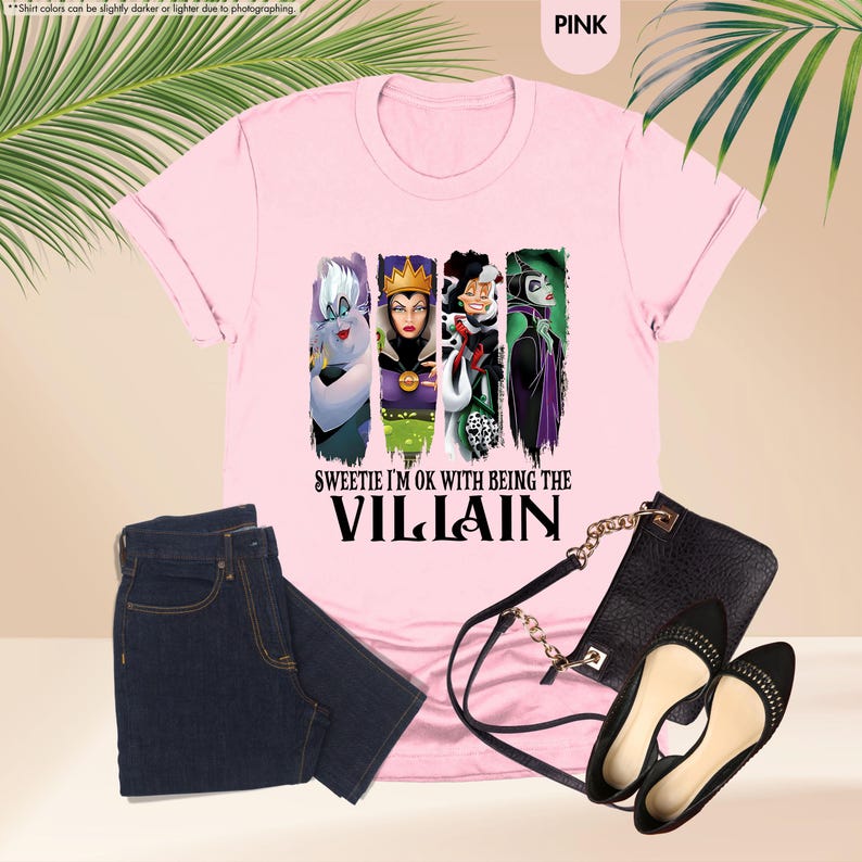 a pink shirt with a picture of villain characters on it