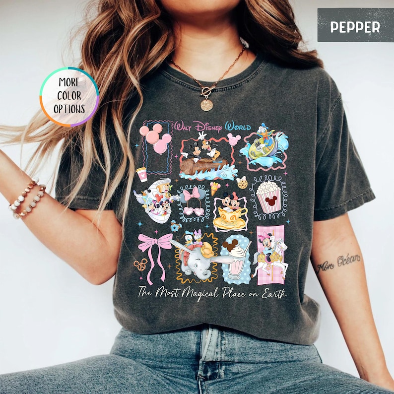 May include: Pepper-colored t-shirt featuring a collage of Disney characters and icons. The design includes Mickey and Minnie Mouse, Dumbo, and other characters, with the text "Walt Disney World" and "The Most Magical Place on Earth."
