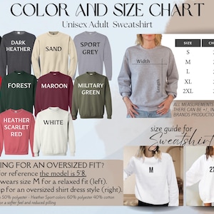a women's sweatshirt with the text, color and size chart