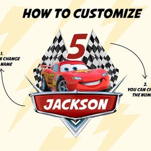 Op de afbeelding: Een rode raceauto met nummer 5 op de motorkap en de naam JACKSON op de voorbumper. De auto is omringd door geblokte vlaggen. De tekst "HOW TO CUSTOMIZE" staat bovenaan de afbeelding. De tekst "YOU CAN CHANGE THE NAME" staat aan de linkerkant van de afbeelding. De tekst "YOU CAN CHANGE THE NUMBER" staat aan de rechterkant van de afbeelding.