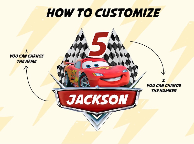 Op de afbeelding: Een rode raceauto met nummer 5 op de motorkap en de naam JACKSON op de voorbumper. De auto is omringd door geblokte vlaggen. De tekst "HOW TO CUSTOMIZE" staat bovenaan de afbeelding. De tekst "YOU CAN CHANGE THE NAME" staat aan de linkerkant van de afbeelding. De tekst "YOU CAN CHANGE THE NUMBER" staat aan de rechterkant van de afbeelding.