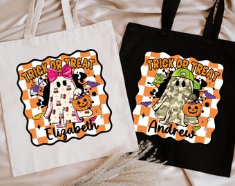 Personalized Halloween Kids Tote Bag, Custom Trick or Treat Canvas Tote Bag, Camo Ghost Boys Tote Bag, Pumpkin Cherry Ghost Girls Tote Bag