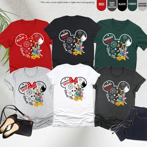 May include: Six personalized t-shirts with a Mickey Mouse ear design. Each shirt features a different name, the year 2023, and the text "Disney Trip". The shirts are available in red, black, white, grey, and green.