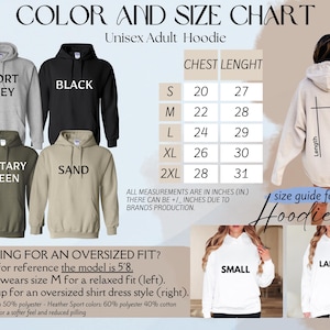 Puede incluir: Tabla de colores y tallas para una sudadera con capucha unisex para adultos, con los colores Gris Deportivo, Negro, Verde Militar y Arena. Las medidas de la longitud del pecho se dan en pulgadas, de 20 a 28 pulgadas. Tambi&eacute;n se incluye una gu&iacute;a de tallas.