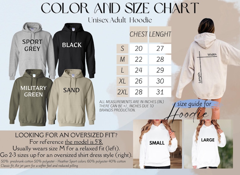 Puede incluir: Tabla de colores y tallas para una sudadera con capucha unisex para adultos, con los colores Gris Deportivo, Negro, Verde Militar y Arena. Las medidas de la longitud del pecho se dan en pulgadas, de 20 a 28 pulgadas. Tambi&eacute;n se incluye una gu&iacute;a de tallas.