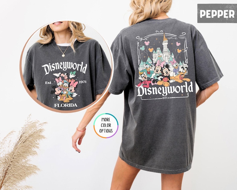 Puede incluir: Camiseta gris oscuro con un gr&aacute;fico de Disneyworld. La parte delantera presenta el texto "Disneyworld" sobre un gr&aacute;fico de personajes de Disney. La parte posterior de la camiseta tiene un gr&aacute;fico m&aacute;s grande del castillo y los personajes de Disney.
