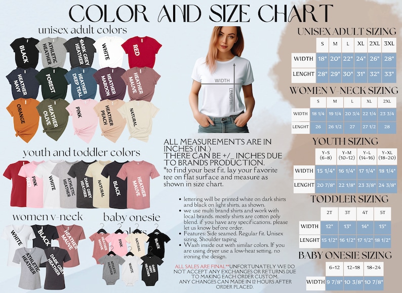 a women's t - shirt with the words color and size chart