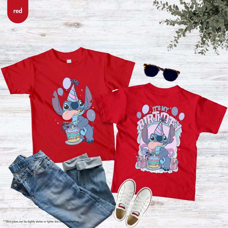 May include: Two red t-shirts with a cartoon character design, a birthday cake, and balloons. One shirt says "It's My Birthday". The shirts are shown with blue jeans, white trainers, and sunglasses.