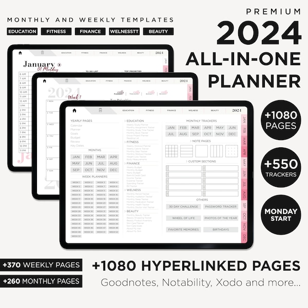 2024 All-In-One Digital Planner | Goodnotes, iPad, Notability Planner | Dated Digital Planner | Hyperlinked PDF | Student Planner