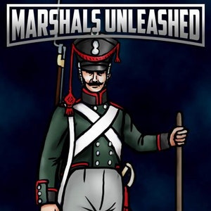 Op de afbeelding: Een handgeschilderd miniatuurfiguur van een Russische sappeur, die een groen-wit uniform draagt met een rode sjerp en een hoge zwarte hoed. De figuur houdt een stok en een geweer vast. De figuur staat op een blauwe achtergrond met de tekst "Marshals Unleashed" bovenaan en "Russia Sapper" onderaan.