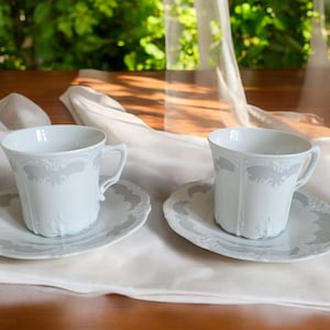 Vintage Tirschenreuth Bavaria Baronesse “Orleans” | Gray Embossed sections | Germany Teacup Coffee Cup and Saucer - Like New!  Set of 2