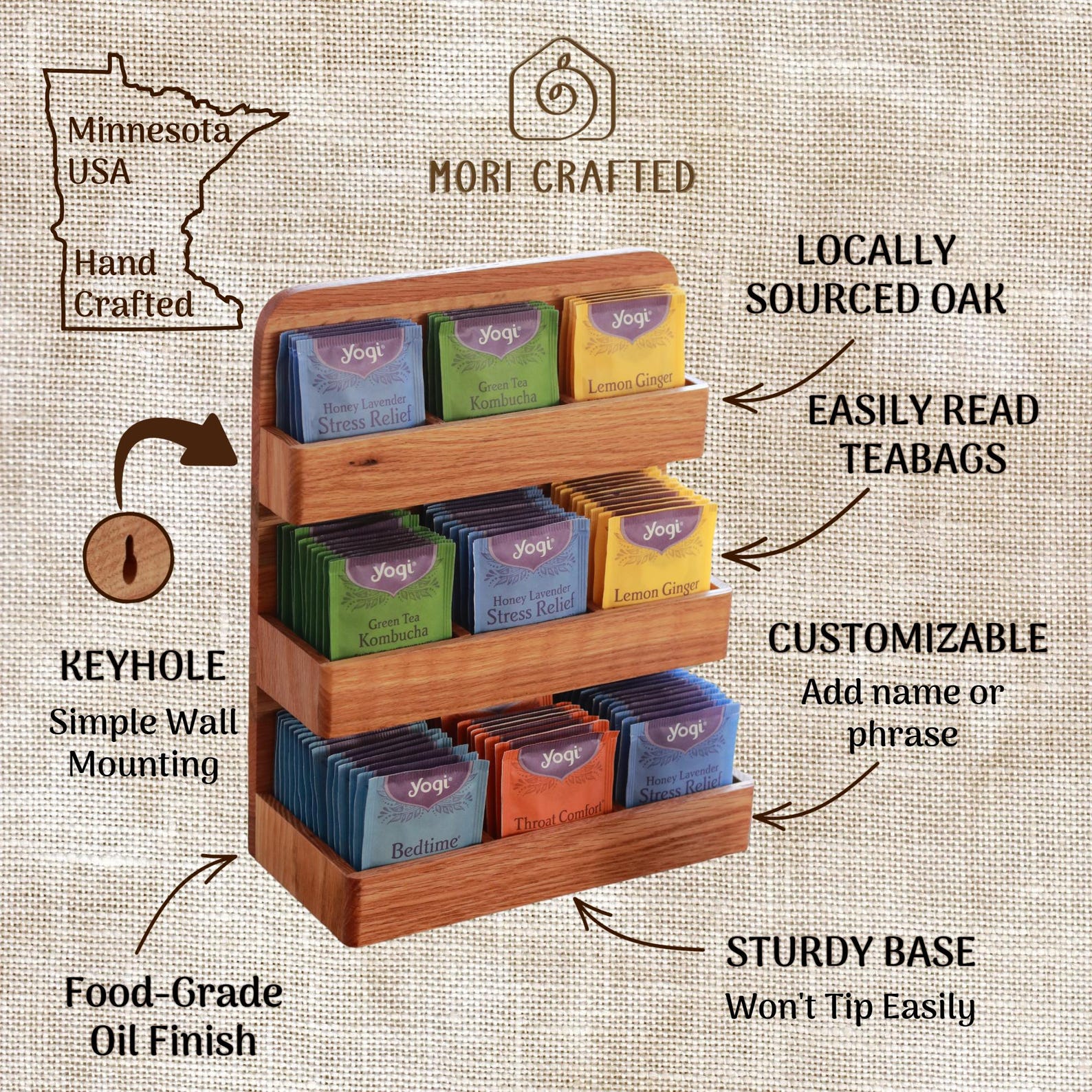 Wooden Tea Organizer With Wall Mount For Tea Storage | Modern Teabag Holder | Kitchen Organizer Gift for Her | Includes 3 Bonus Mystery Teas - 3 Shelf