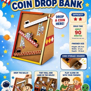 May include: A cardboard Roll & Save Coin Drop Bank kit featuring a space-themed design with ramps, ladders, and character cutouts. Includes a coin storage drawer, assembly instructions, and finished dimensions of 29.7cm by 21cm by 15.5cm.