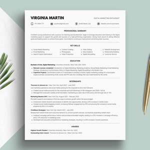 May include: A resume for Virginia Martin, a digital marketing enthusiast. The resume highlights her education, work experience, and skills. It includes a professional summary, key skills, education, internships, and awards.