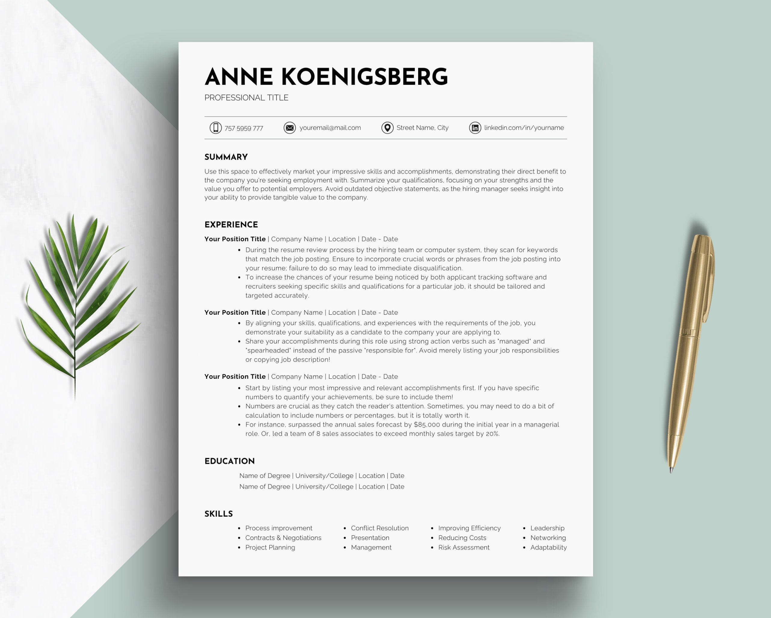 ATS Resume Template for Canva - Professional CV Template With Cover