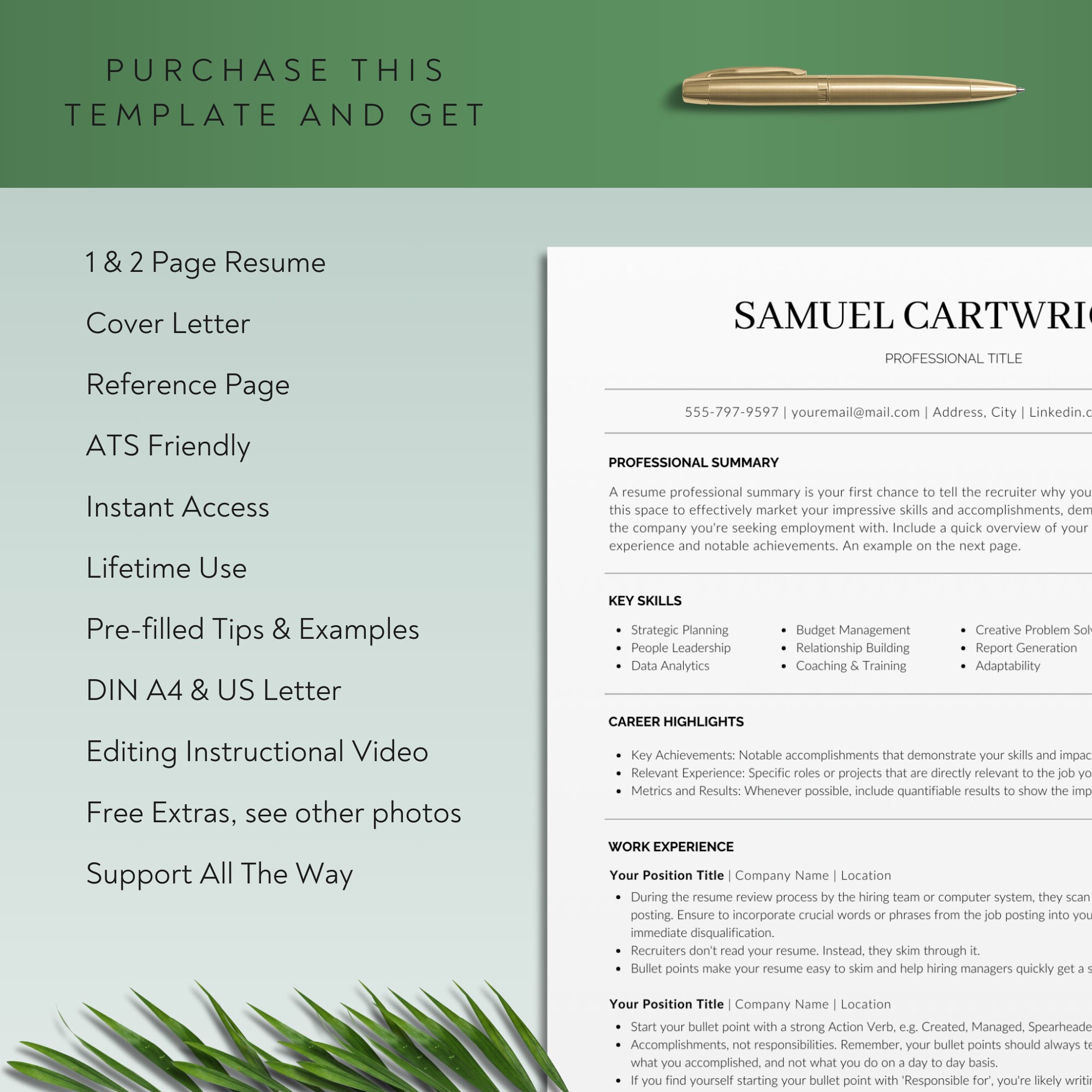 Canva ATS Friendly Resume - Professional CV With Cover Letter Template ...