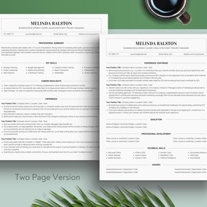 May include: A two-page resume for Melinda Ralston, a business development leader, sales strategist, and project manager. The resume includes a professional summary, key skills, career highlights, experience, education, professional development, technical skills, and awards.