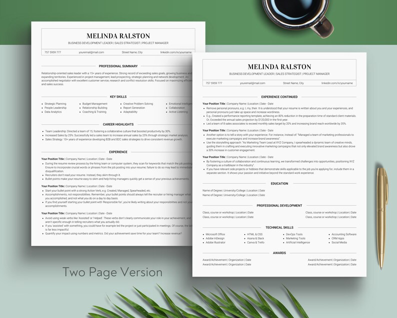 May include: A two-page resume for Melinda Ralston, a business development leader, sales strategist, and project manager. The resume includes a professional summary, key skills, career highlights, experience, education, professional development, technical skills, and awards.