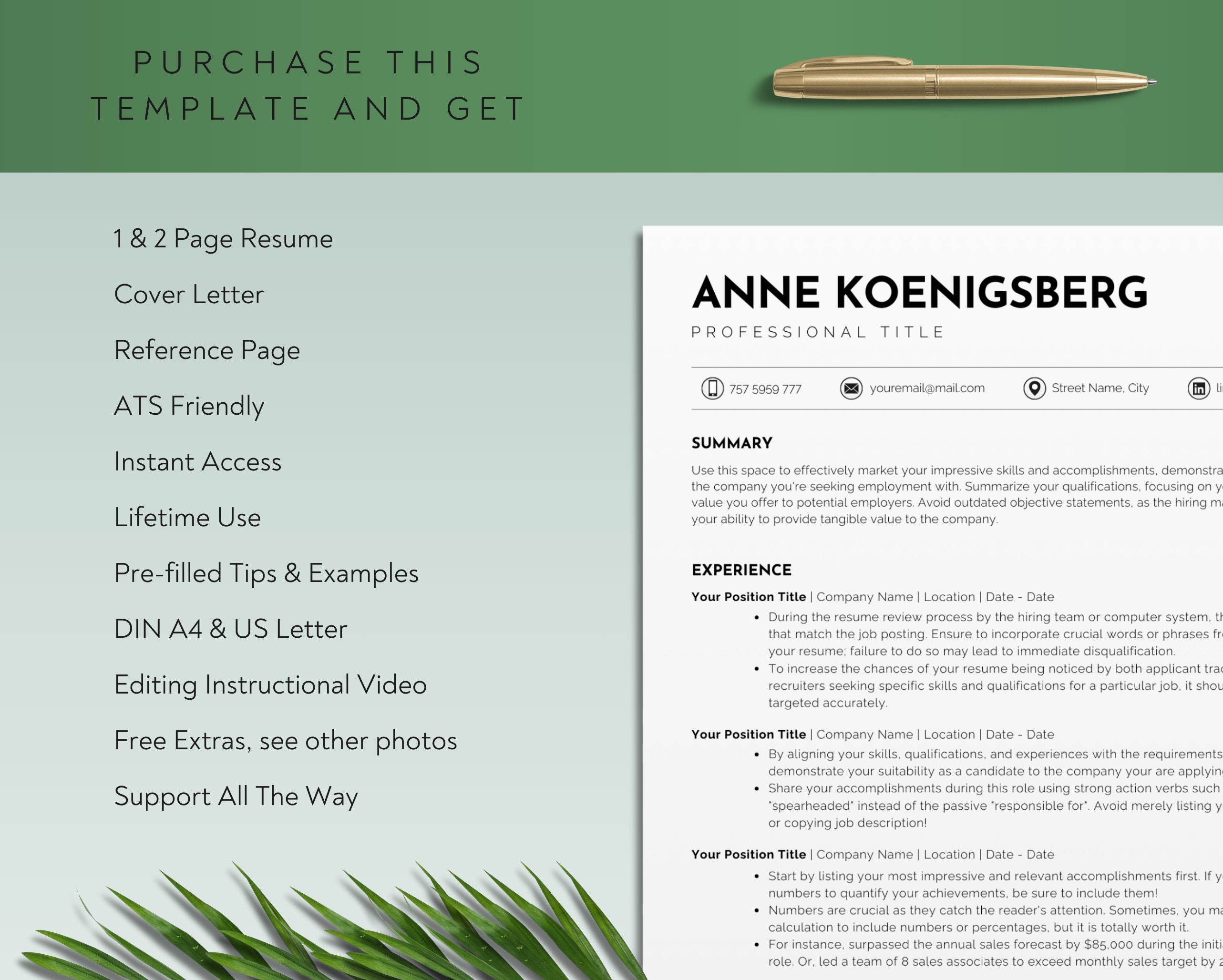ATS Resume Template for Canva - Professional CV Template With Cover