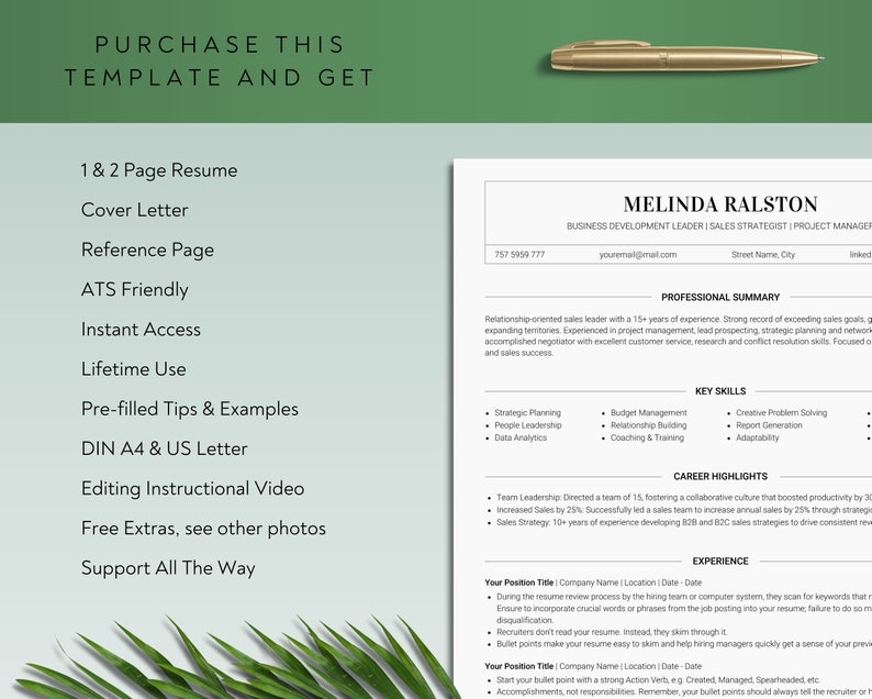 Professional ATS Compatible Resume - Canva Resume With Cover Letter Template Curriculum Vitae For Job Applications simple minimalist modern
