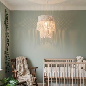 White Macrame Lamp Shade, Boho Fringe Pendant Light, Nursery Decor (30cm)