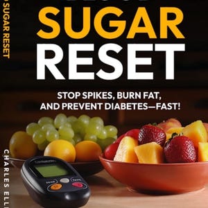 Pode incluir: Capa de livro com o título "Blood Sugar Reset" em letras brancas grandes com contorno amarelo. O subtítulo é "Stop spikes, burn fat, and prevent diabetes-fast!" A capa também apresenta uma tigela de frutas e um medidor de glicose no sangue.