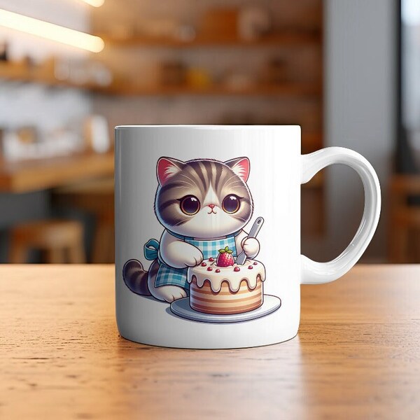 Cute Exotic Shorthair Cat Baking a Cake Mug - Adorable Kitty Coffee Cup for Cat Lovers Ceramic Mug, 11oz