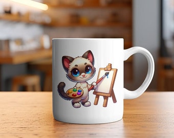 Cute Siamese Cat Painting Mug - Ceramic cup with Adorable Feline Artwork, 11oz