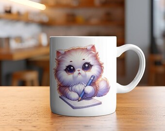 Adorable Persian Cat Writing a Sweet Note - Cute Kitty Ceramic Mug, 11oz