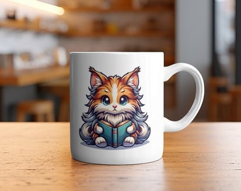 Enchanting Maine Coon Cat Reading a Book Ceramic Mug - Perfect for Book and Cat Lovers!, 11oz