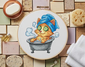 Patrón de punto de cruz de "Gato divertido en la bañera", bordado de animales (descarga instantánea en PDF)