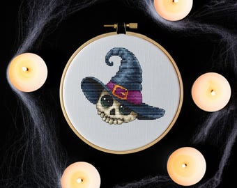 Korsstygnsmönster med gladlynt häxskelett, broderi med Halloween-dödskalle (PDF-mönster)