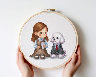 Cute Pet Cross Stitch Pattern, Girl and Dog (PDF Pattern)