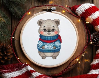 Teddy Bear in a sweater Cross Stitch Pattern, Winter Bear (PDF Download)