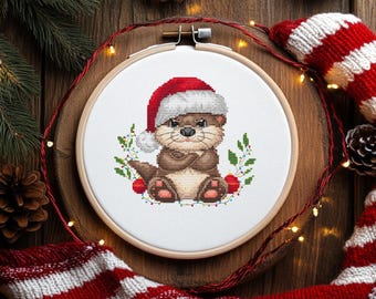 Christmas Otter Cross Stitch Pattern, Winter Animals (PDF Pattern)