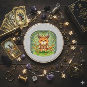 May include: A cross-stitch embroidery of a cat with bull horns, representing the Taurus zodiac sign, set in a hoop. The image is surrounded by tarot cards, crystals, and celestial-themed decorations on a wooden surface. A string of star-shaped lights adds a whimsical touch.