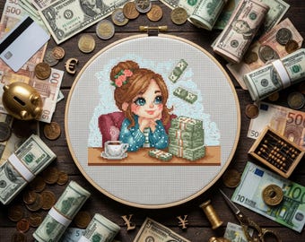 Money Girl Cross Stitch Pattern, Financial Goals Embroidery (PDF Pattern)